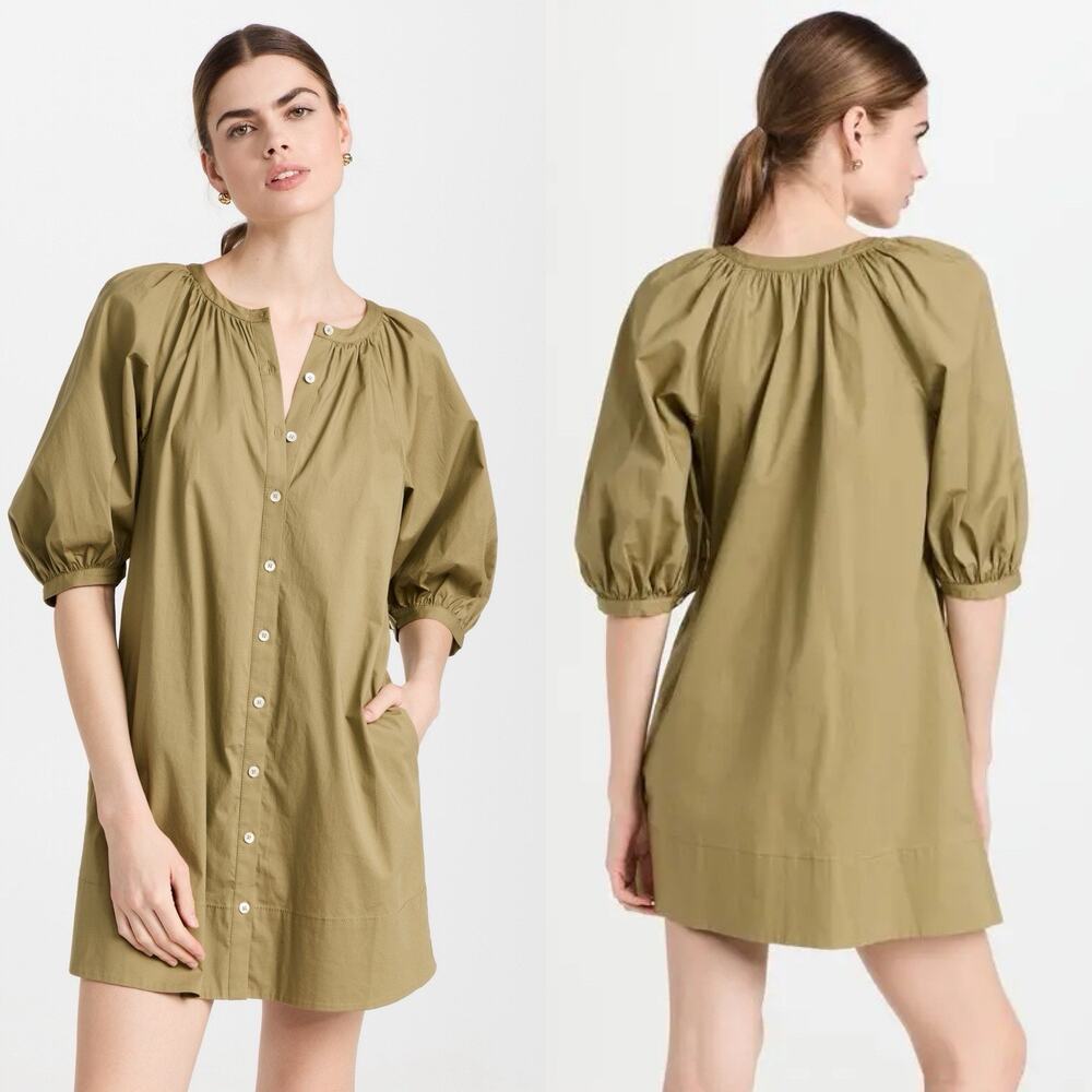 Staud Khaki Olive Green Button Front Casual Pockets Vincent Mini Dress Small